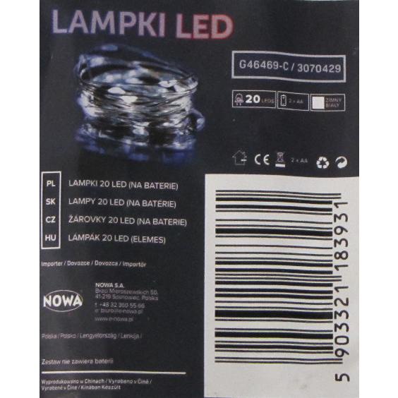 Lampki na drucie LED 20 <br>na baterie, białe zimne